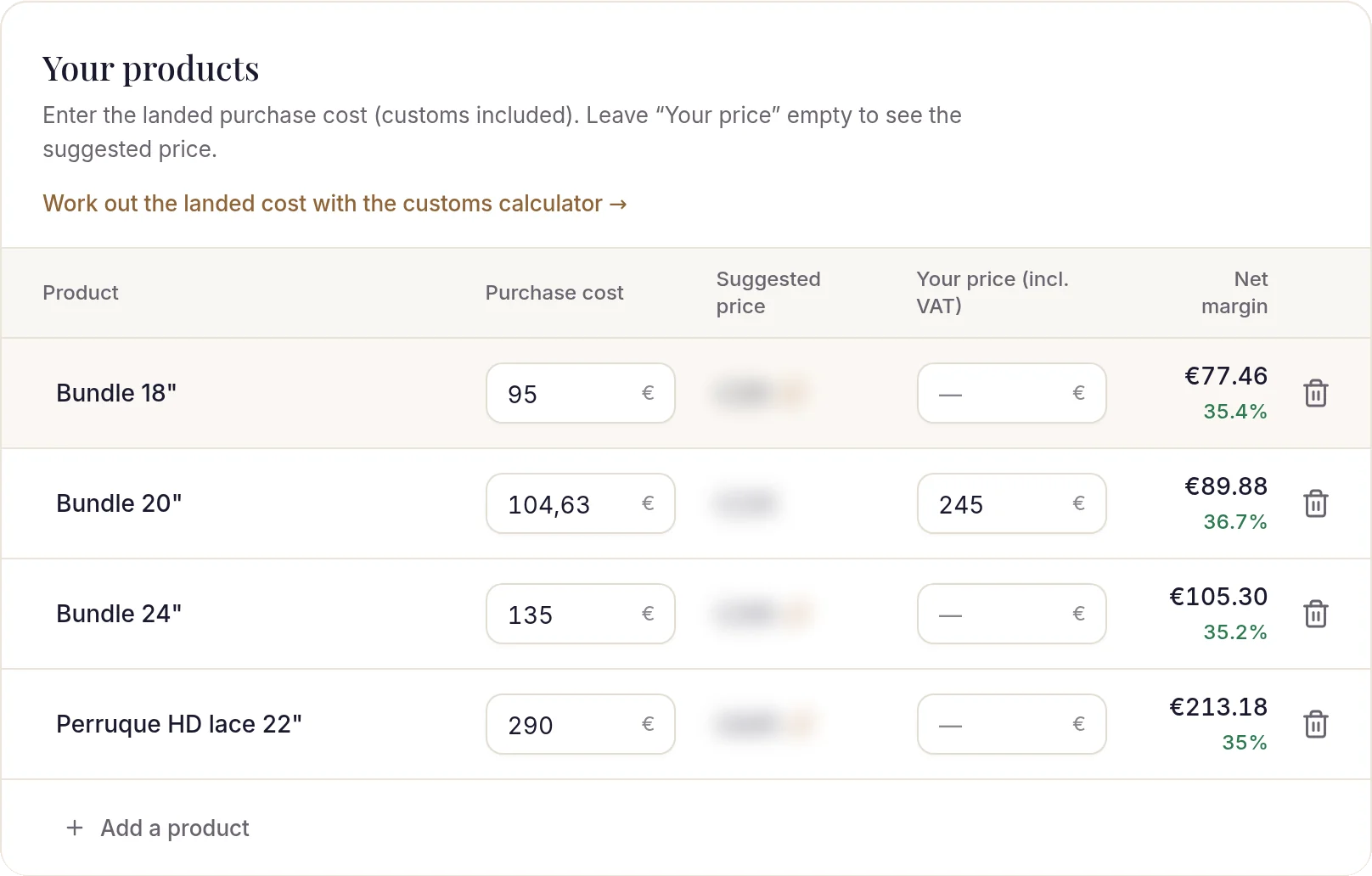 The price and margin calculator, with the net margin of each product