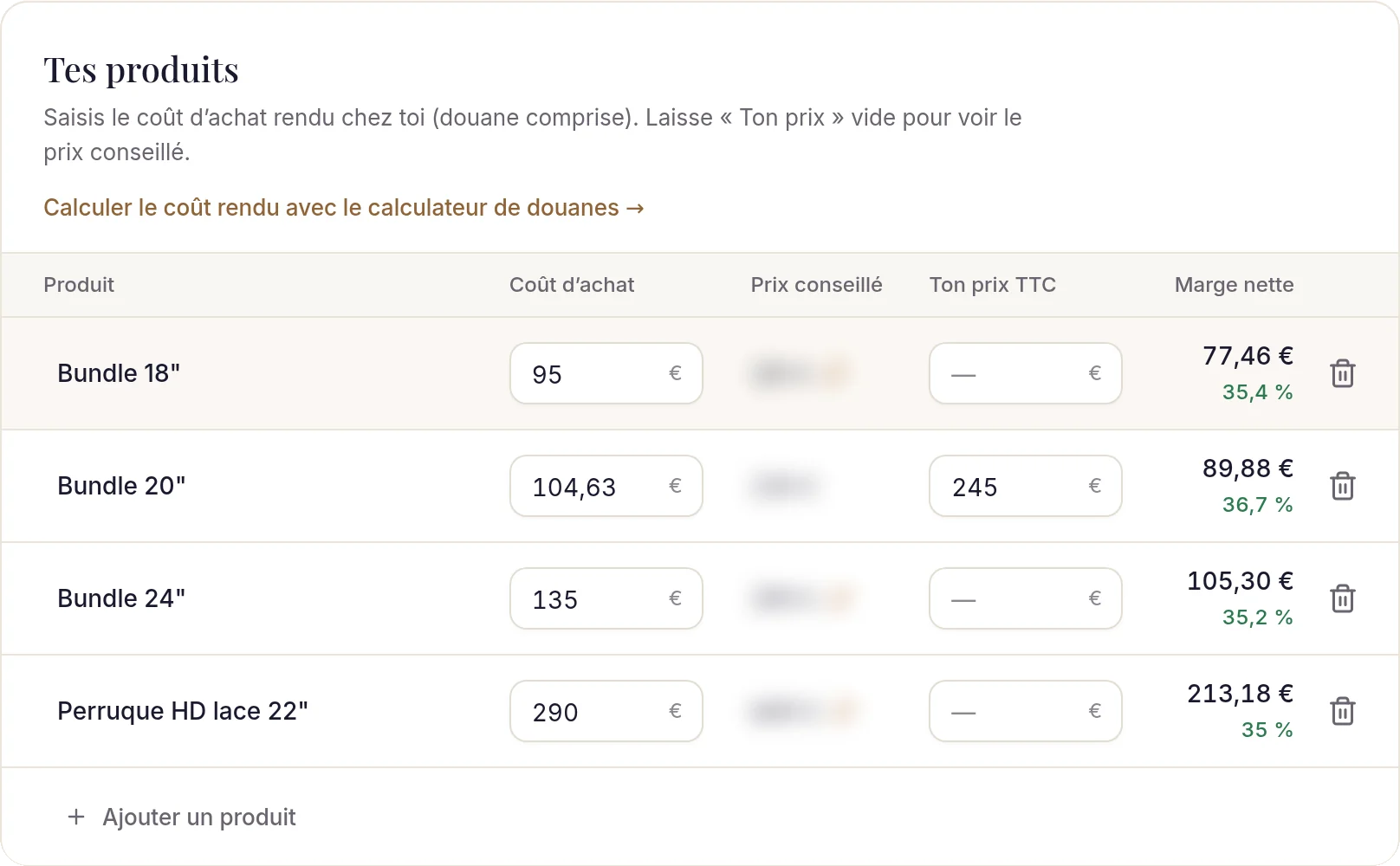 Le calculateur de prix et marges, avec la marge nette de chaque produit