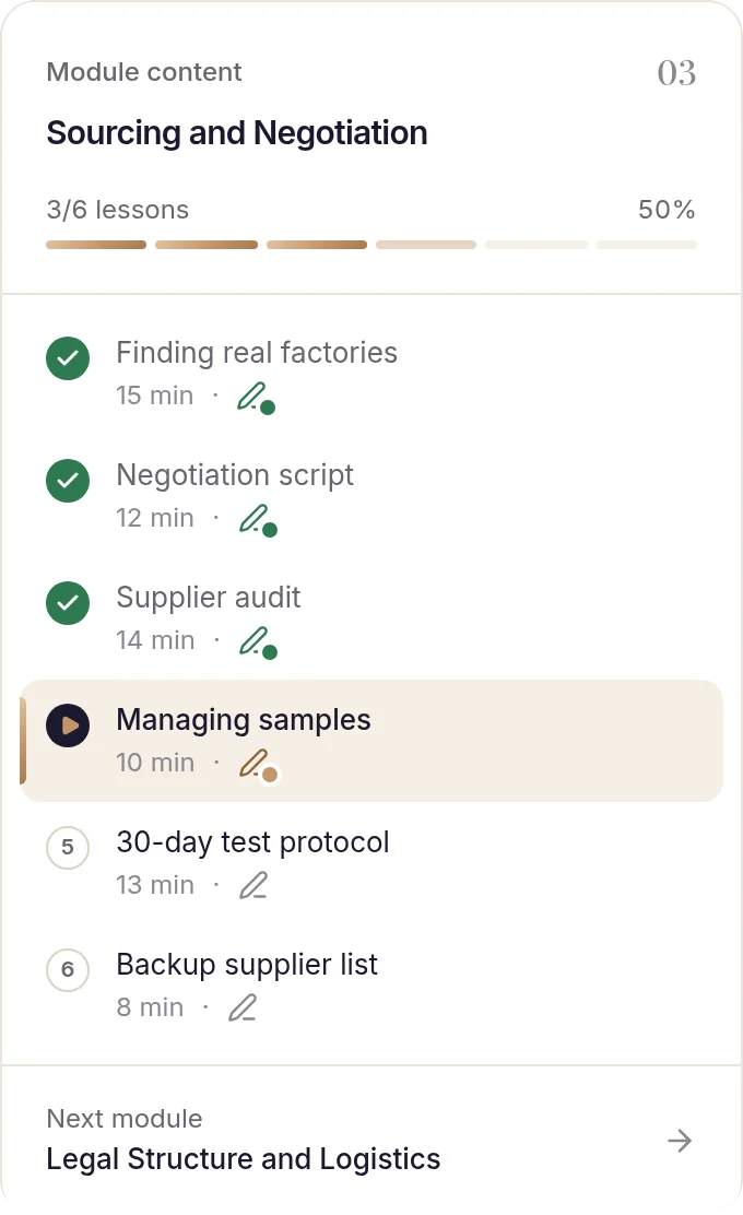 The Sourcing and Negotiation module outline, with completed lessons